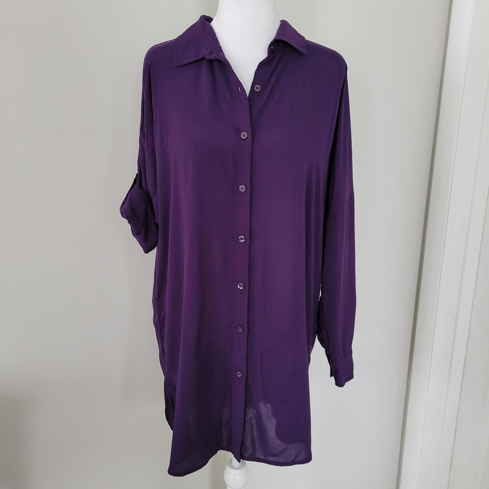 Lands End Womens Swimsuit Cover Up XTRA SMALL/SMALL Roll Tab Sleeve Beach Purple